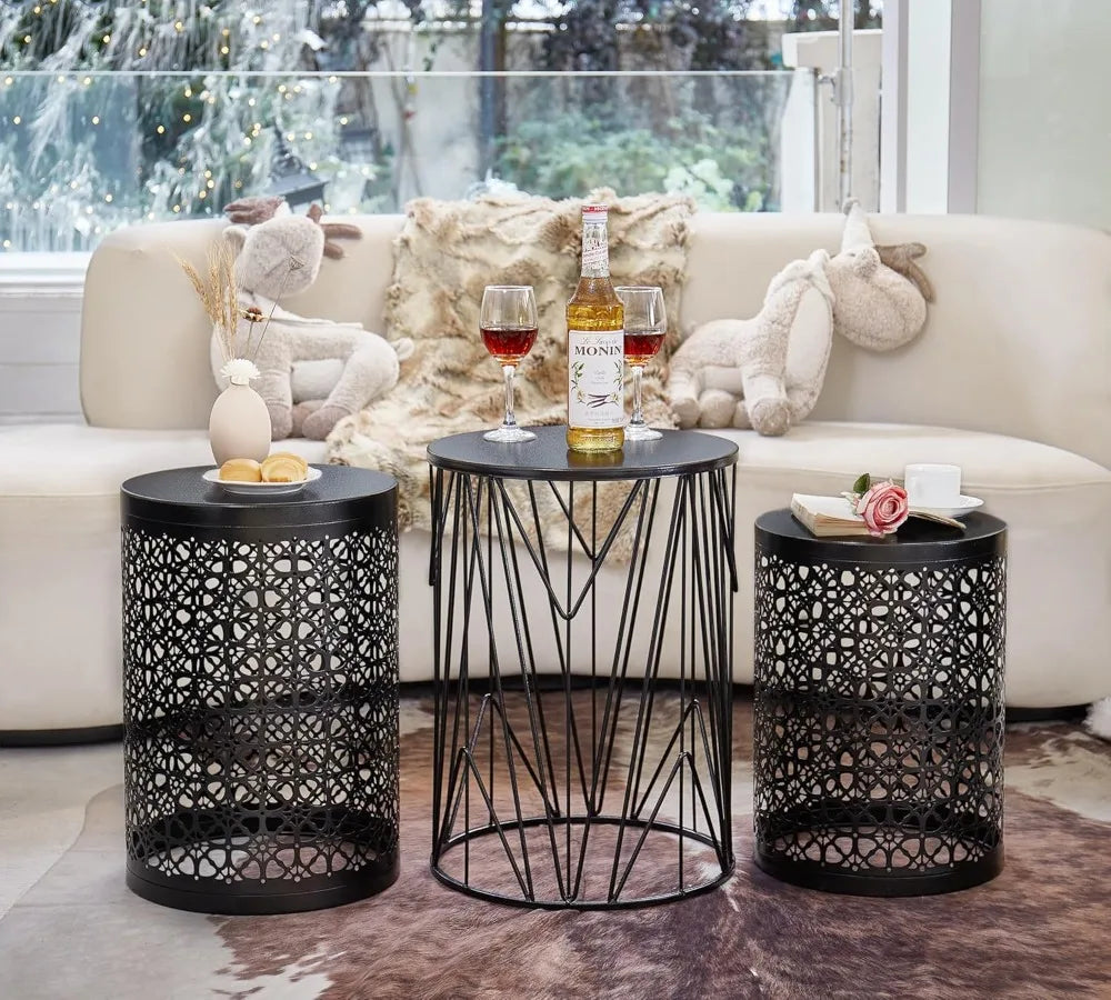 Set of 3 Black Round Nesting Tables, Multifunctional Coffee Table for Indoor Outdoor Use, Free Shipping from US
