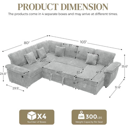 Sectional Sleeper Sofa with Pull Out Bed and Storage Chaise, Fluffy Soft Corduroy Fabric, Modern Comfy U Shaped Couch.