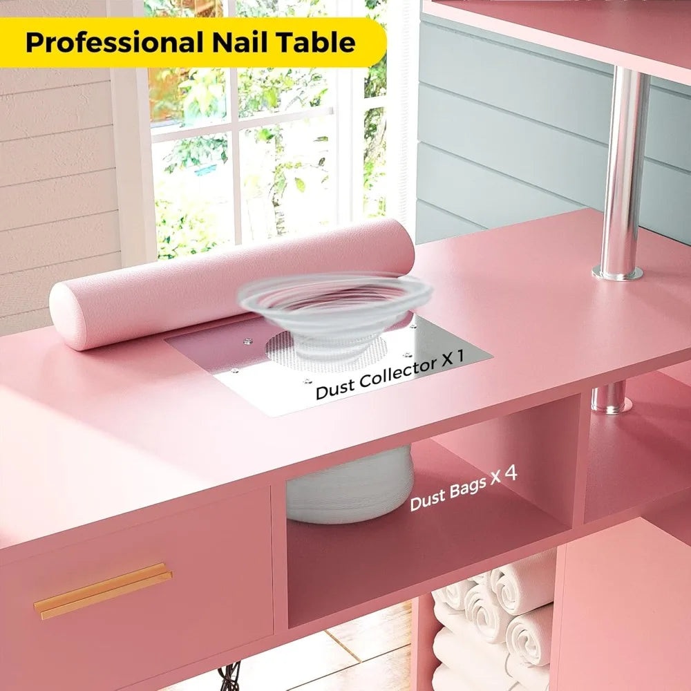 L-Shaped Nail Desk with Dust Collector, Rotating Workstation, Storage Shelves & Stool (Pink)