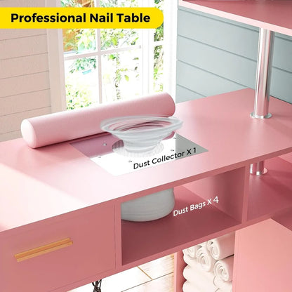 L-Shaped Nail Desk with Dust Collector, Rotating Workstation, Storage Shelves & Stool (Pink)