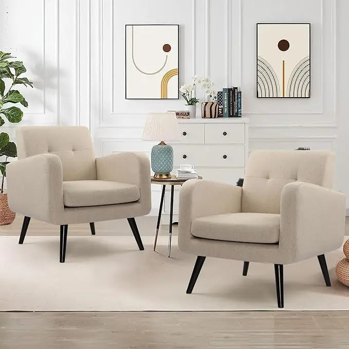 Accent Chairs Set of 2, Brown PU Leather Living Room Chairs, Upholstered Armchairs Single Sofa Chair