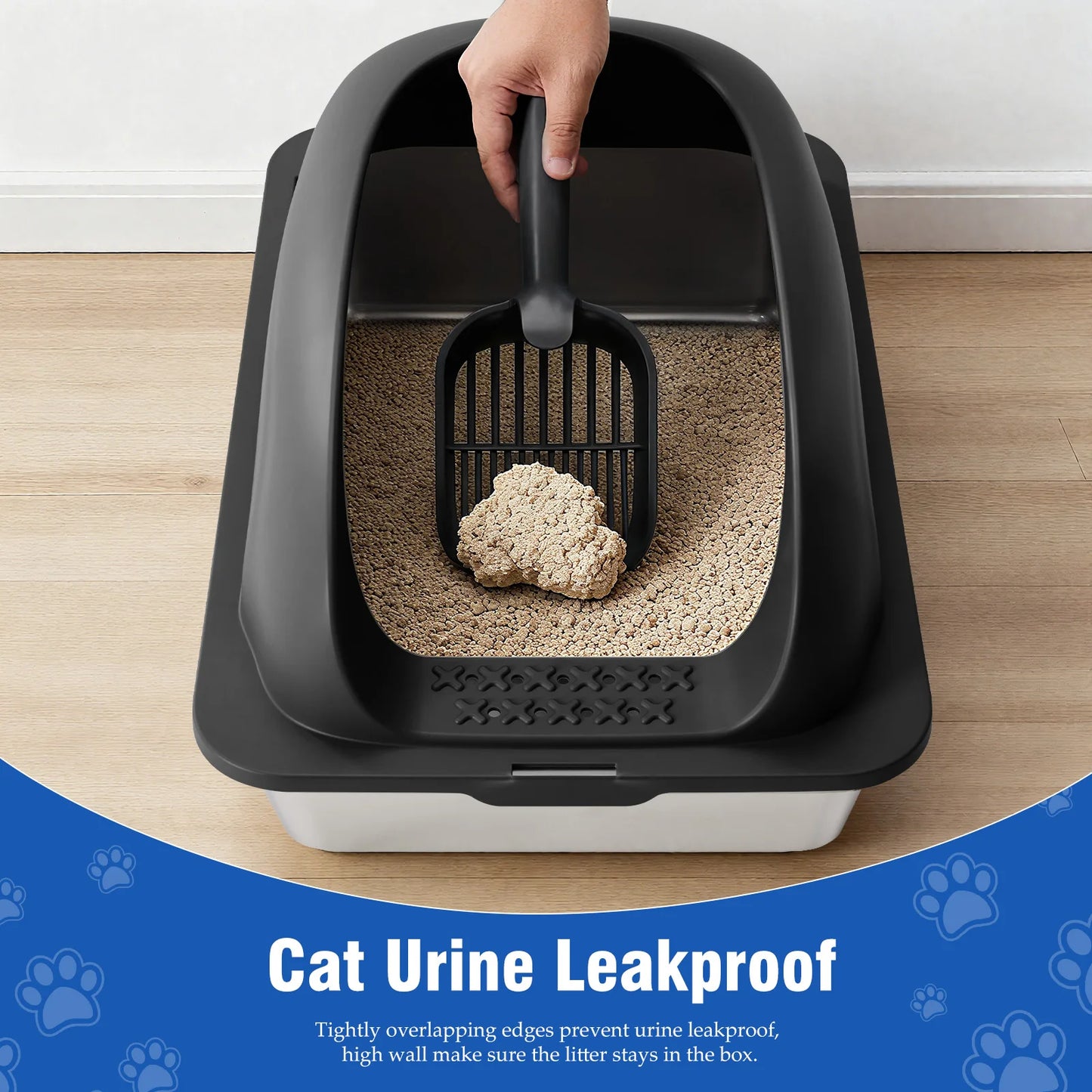 Stainless 24IN Steel Cat Litter Box with Lid, for Big Cats, Anti-Urine Leakage, Scoop and Mat Included