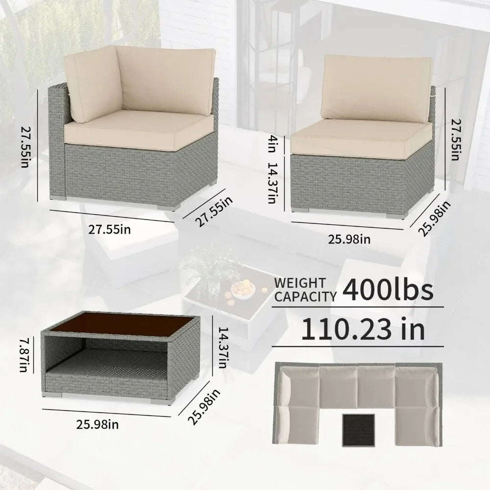 Furniture Set 7-Piece, All-Weather Outdoor Conversation Set Sectional Sofa with Water Resistant Grey Thick Cushions and Coffee Table