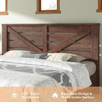 Reclaimed Barnwood Queen Bed Frame with 49.2 Barn Door Headboard, Platform Slat Design, Underbed Storage, Quiet