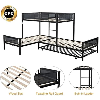 L-Shape Triple Bunk Bed with Trundle, Metal Quad Bunk Beds Twin Over Twin for 4 Kids, Heavy Duty 4 Small Bunkbeds