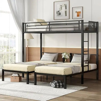 triple bunk bed with detachable twin over twin over twin metal frame, guardrails, ladder, and storage solutions