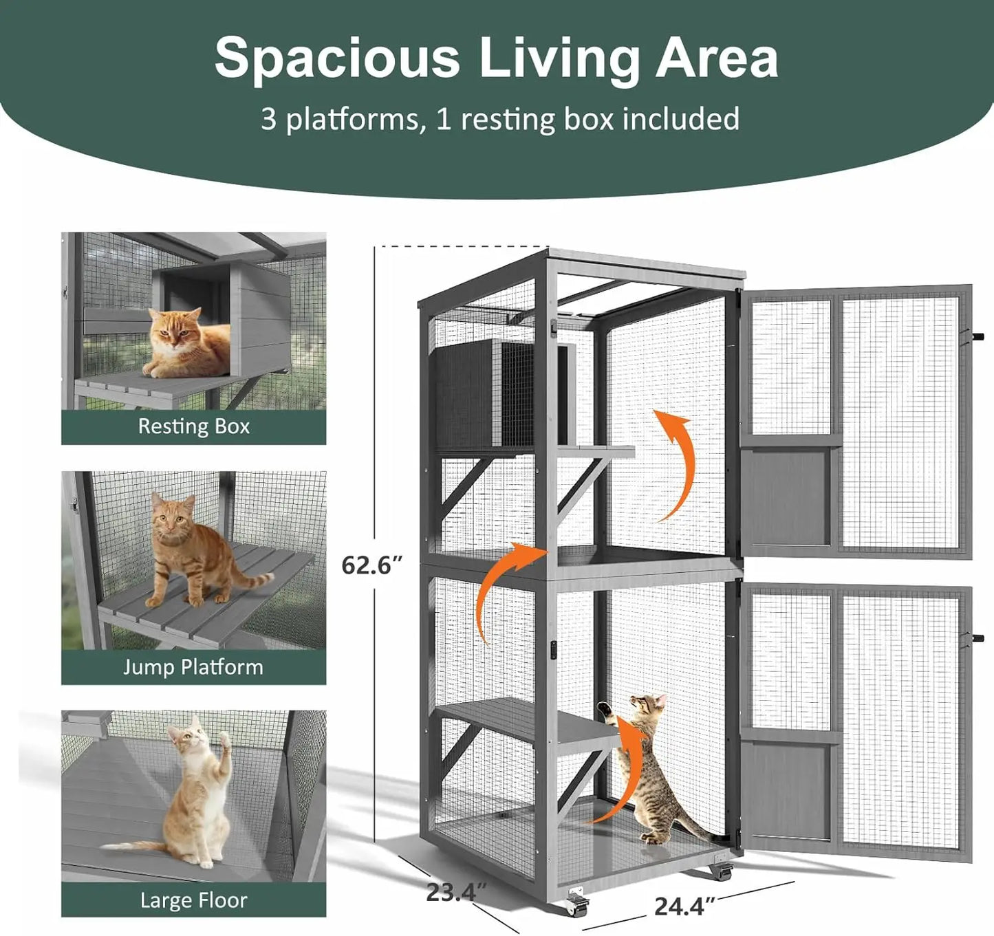 Cat Catio Outdoor Enclosure, 4 Tiers Cat Playpen, Wheels, Resting Box, Waterproof Roof, Large Pet House