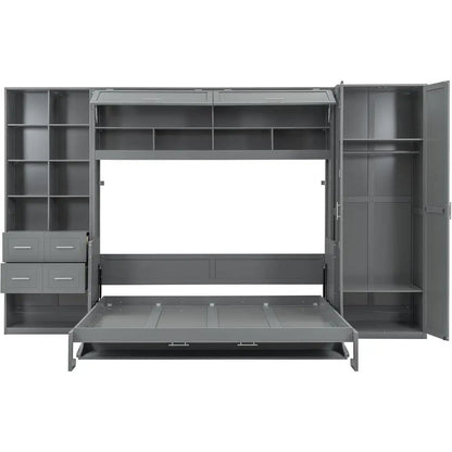 Grey Queen-Size Horizontal Murphy Bed with Desk, Storage Wardrobe, Drawers, and Shelves