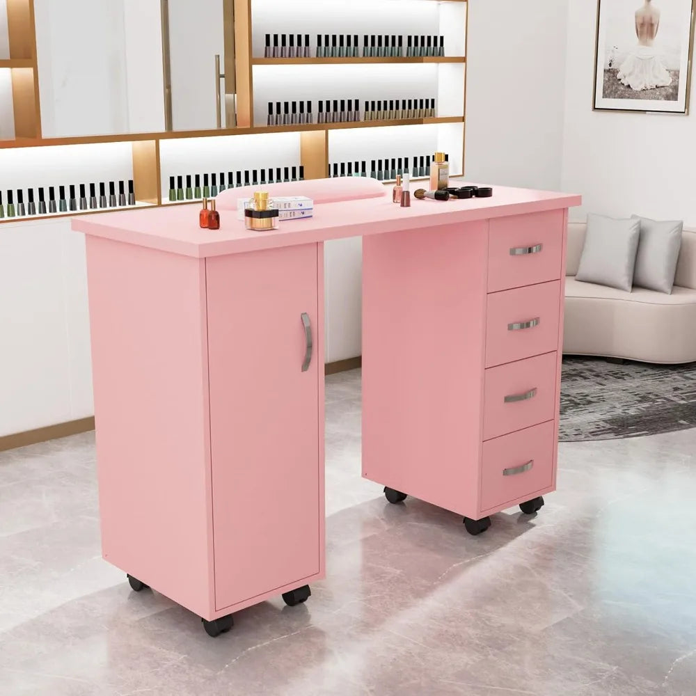 Manicure Table with Cabinet, Drawers, Wheels, and Wrist Rest for Spa Salon Technician Workstation