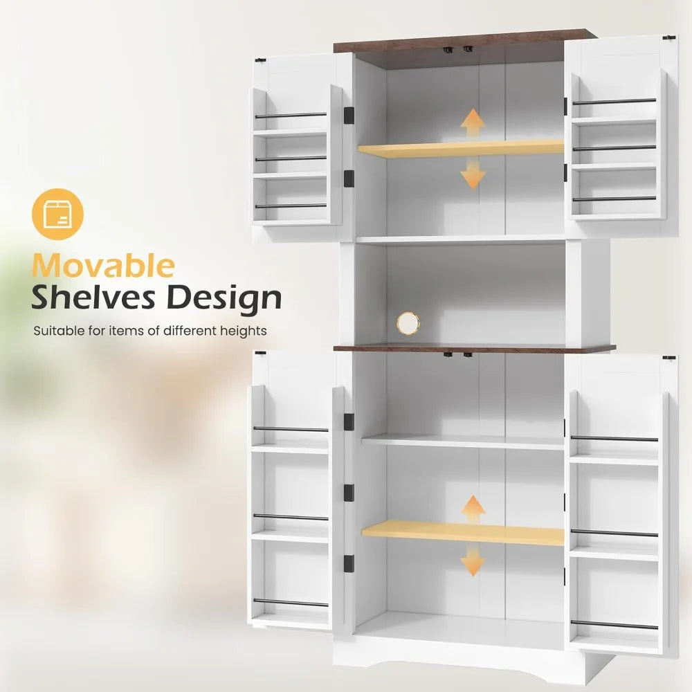 72" Kitchen Pantry, Farmhouse Cabinets with Barn Doors & Storage Shelves, Pantry Storage Cabinet- Coffee Bar