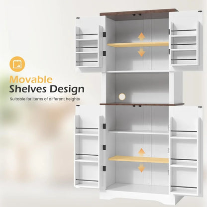 72" Kitchen Pantry, Farmhouse Cabinets with Barn Doors & Storage Shelves, Pantry Storage Cabinet- Coffee Bar