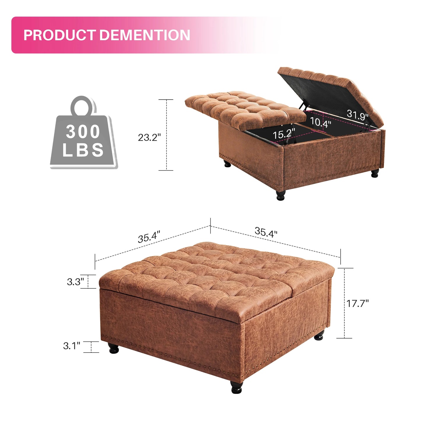 35" Large Square Storage Ottoman Bench, Upholstered Coffee Table, Lift Top Storage Ottoman Tufted Fabric for Living Room