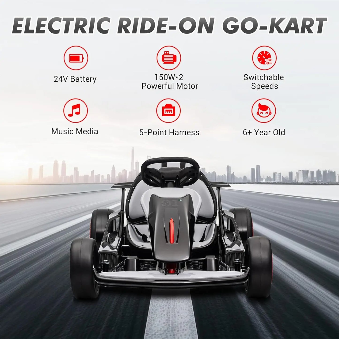 Outdoor Ride On Toy, Electric Drift Kart Car with Adjustable Seat, 200W Motor, 8.1 MPH, LED Lights 6-12 Years