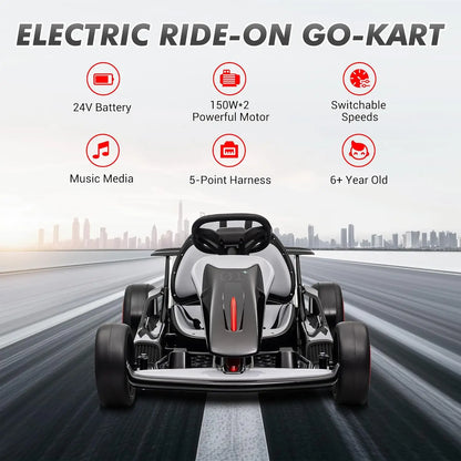 Outdoor Ride On Toy, Electric Drift Kart Car with Adjustable Seat, 200W Motor, 8.1 MPH, LED Lights 6-12 Years