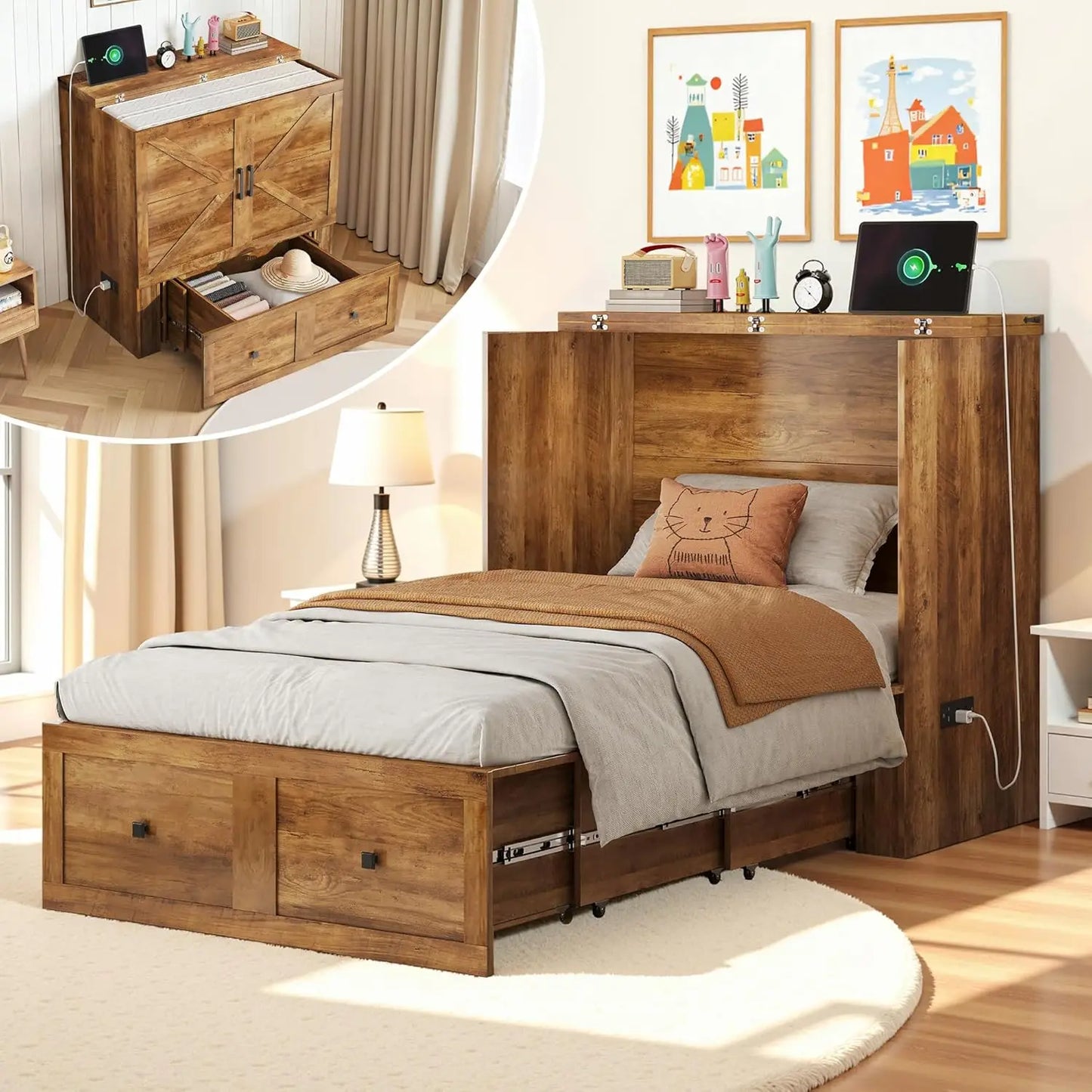 Twin Murphy Bed Cabinet with Storage Drawer, Farmhouse Foldable Platform Bed for Home Office