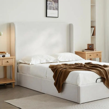 Queen Size Upholstered Wingback Bed with Adjustable Base Bundle Set, Textured Ivory Canvas Chenille, Incline Head & Foot, Zero