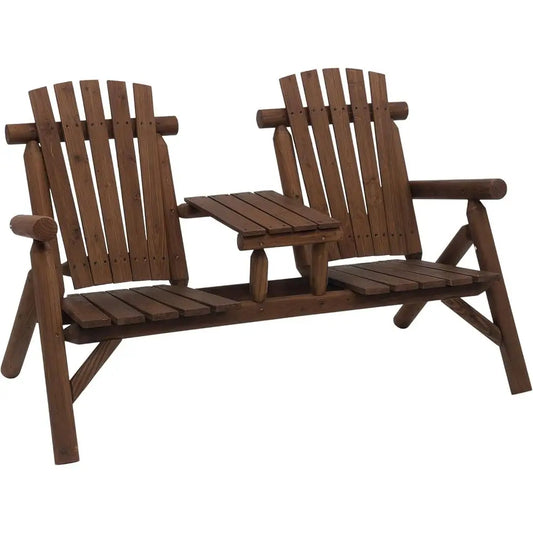 Wooden Adirondack Patio Bench with Table, Outdoor Loveseat Fire Pit Chair for Porch, Backyard, Deck, Carbonized
