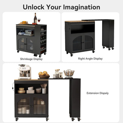 Island On Wheels with Extended Table,  Rolling Kitchen Storage Cart, LED Light Power Outlets, 2 Fluted Glass Doors