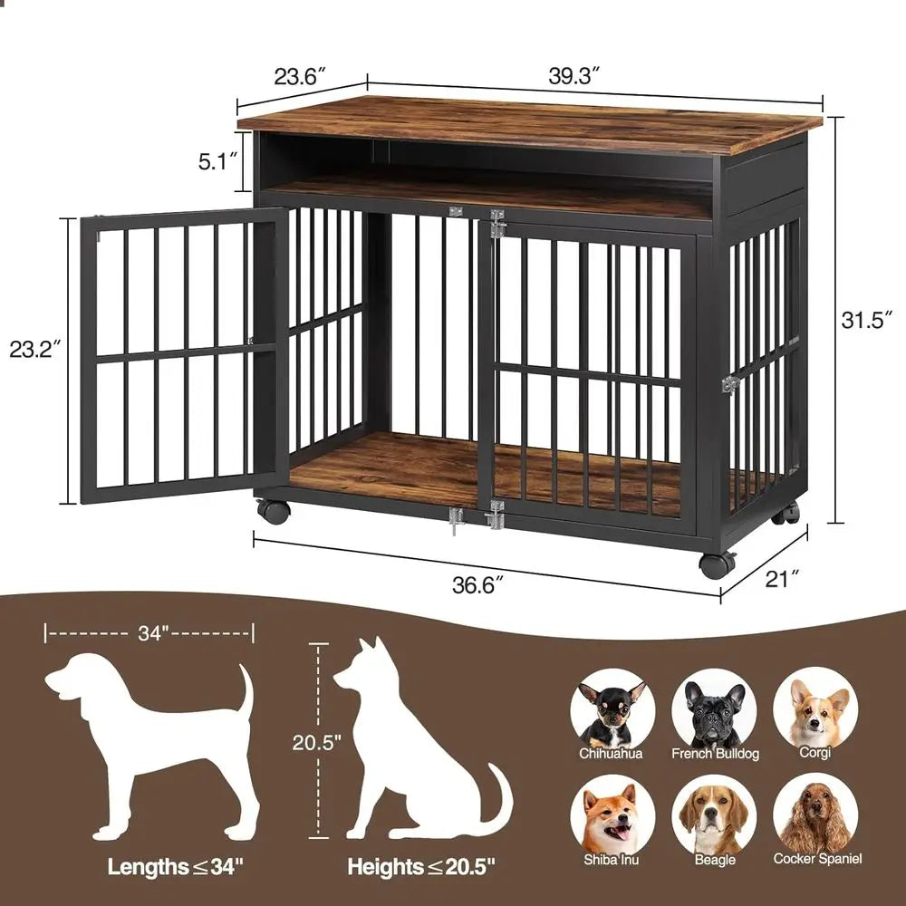 39.4" Dog Crate for Medium and Large Breed, Dog Kennel with Storage Shelf & Lockable Wheels, Heavy Duty Wood