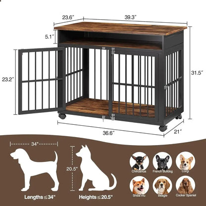 39.4" Dog Crate for Medium and Large Breed, Dog Kennel with Storage Shelf & Lockable Wheels, Heavy Duty Wood