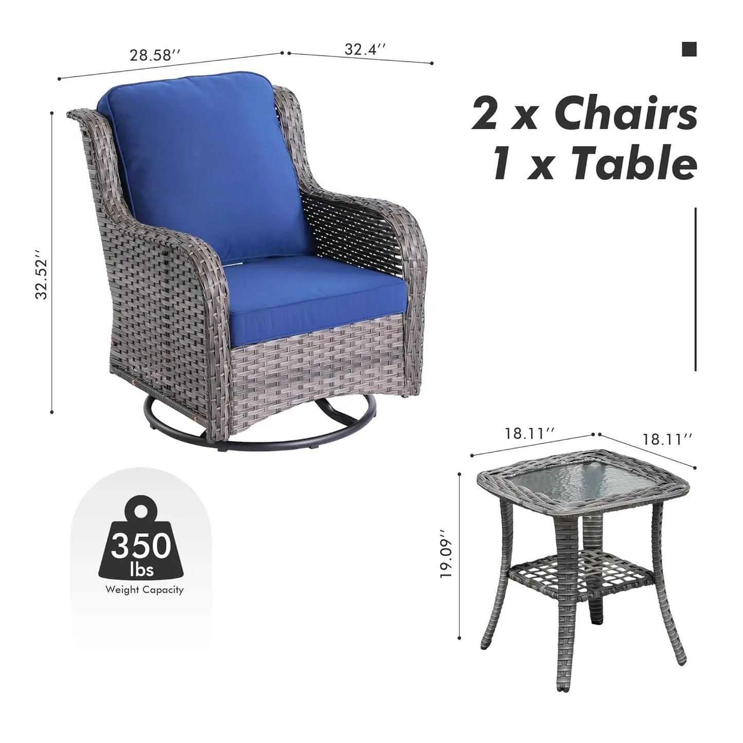 Luxury, Outdoor, Swivel Rocker Patio Chairs with Thick Cushions and Side Table,3 PCS High Back