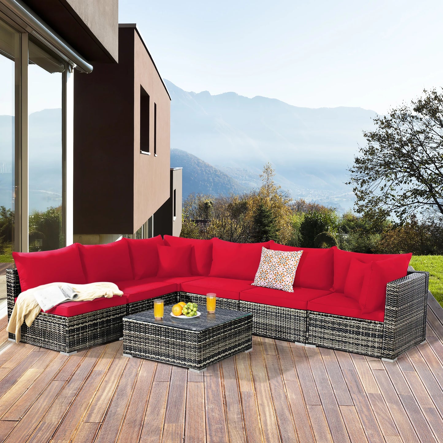 7PCS Patio, Rattan Furniture Set Sectional Sofa,  Red Cushion