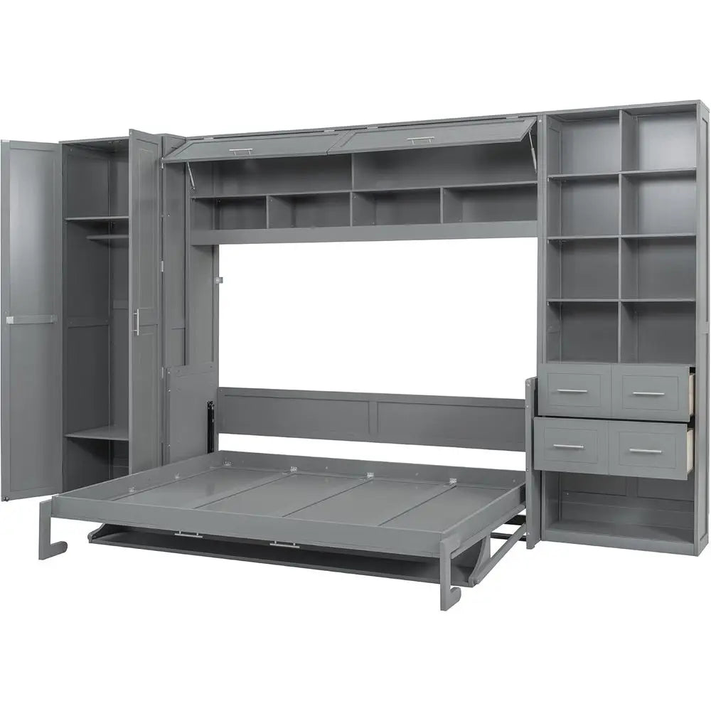 Grey Queen-Size Horizontal Murphy Bed with Desk, Storage Wardrobe, Drawers, and Shelves