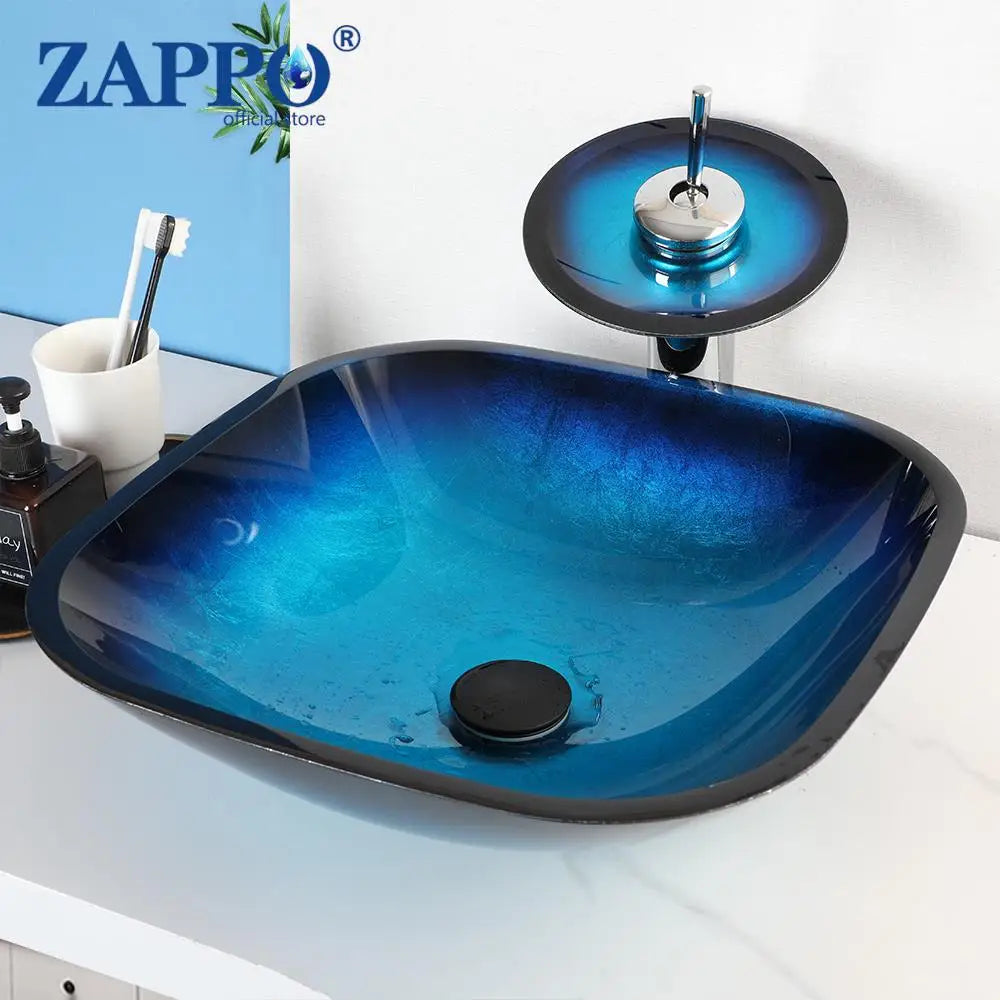 Tempered Above Counter Basin Glass Sink with Waterfall Faucet Tap