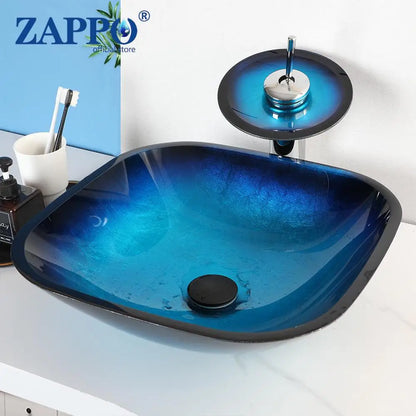 Tempered Above Counter Basin Glass Sink with Waterfall Faucet Tap