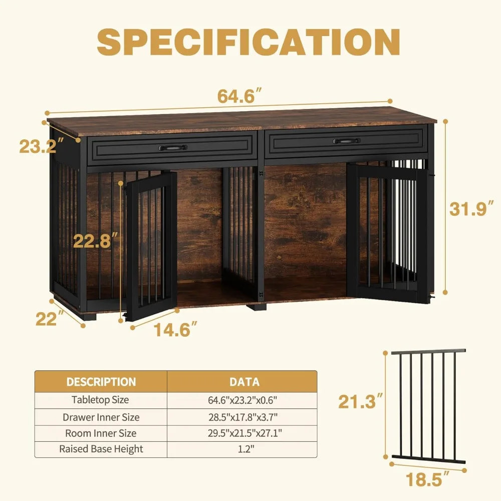 Large Wooden Dog Crate with Drawers and Divider, 64.6 Inch Indoor Double Room Dog Kennel