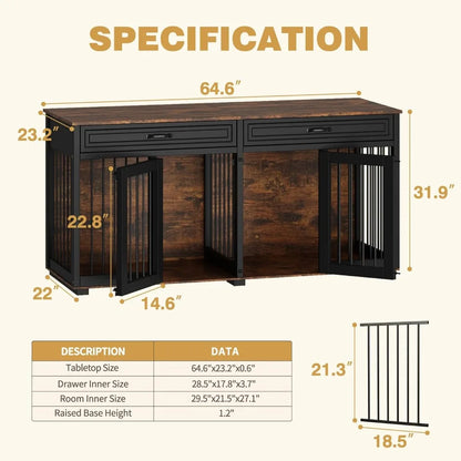 Large Wooden Dog Crate with Drawers and Divider, 64.6 Inch Indoor Double Room Dog Kennel