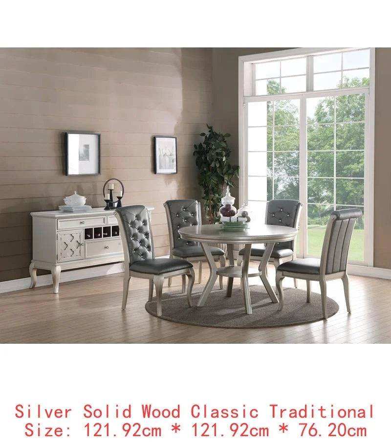 7pc Rect. Glass Dining Table Set w/ Silver Hue & 6 Tufted Side Chairs for Dining Room