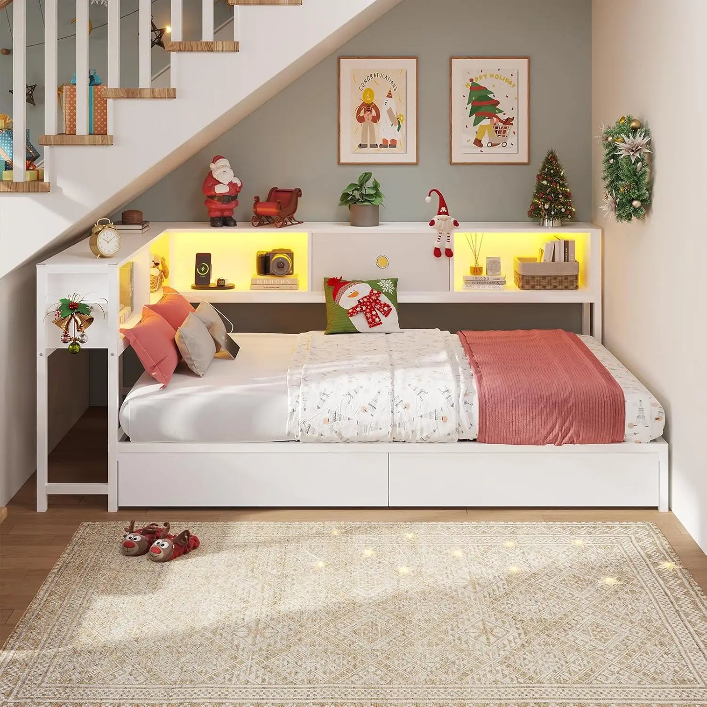Twin Corner Bed Frame with Bookcase Storage and Led Lights Twin Size Metal Platform Bed Frames with Storage Drawers