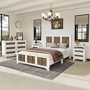 4 Piece Queen Bedroom Set,Queen Size Platform Bed  Qwith Wooden Strip Stickers Decoration, 2 Nightstands and Dresser, 4 Piece Fa