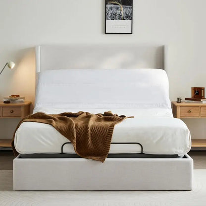 Queen Size Upholstered Wingback Bed with Adjustable Base Bundle Set, Textured Ivory Canvas Chenille, Incline Head & Foot, Zero