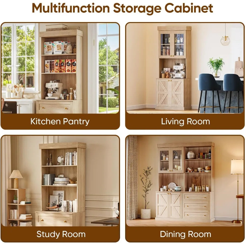 71" Farmhouse Kitchen Pantry Cabinet Set of 3, Brown Freestanding Coffee Bar Hutch with Glass Doors & Adjustable Shelves