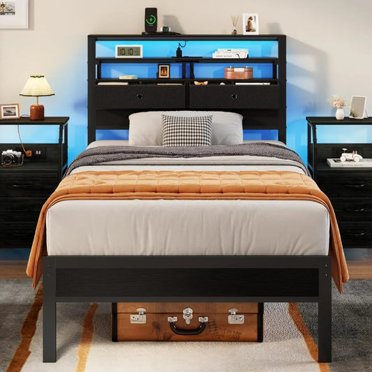 Bed Frames with Charging Station and LED Lights, Wood Headboard with 2 Fabric Drawers and Storage Shelves,,
