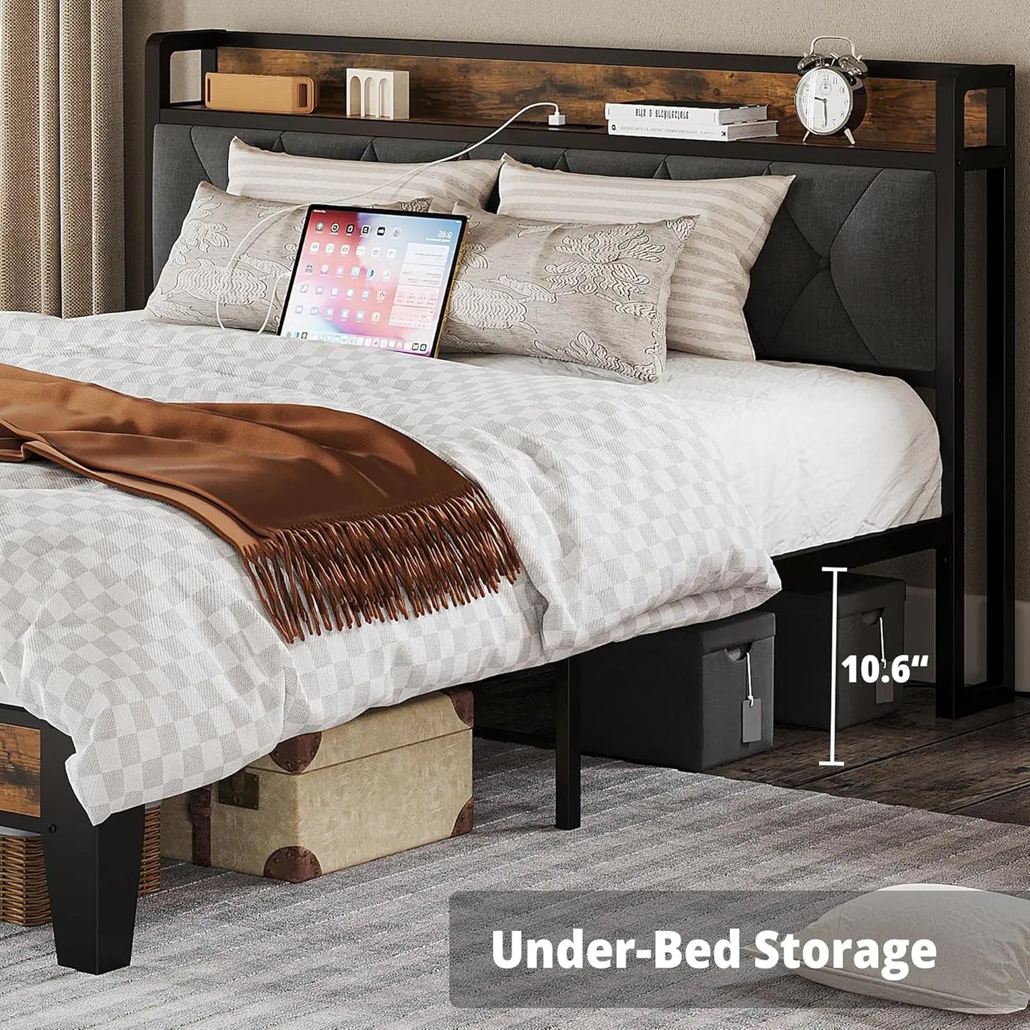Twin/TwinXL/Full/Queen/King/CaliforniaKing Bed Frames, Storage Headboard with Outlets,