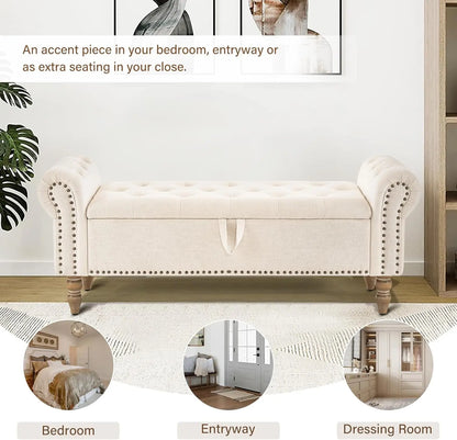 Storage Bedroom Bench for End of Bed, Faux Linen Upholstered Storage Ottoman with Rolled Arms for Bedroom,Living Room