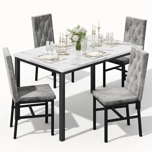Faux Marble, Small Kitchen Table Chairs Set of 4 with Luxurious Button Tufted Dinner Chairs, Customized