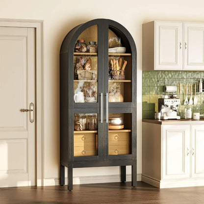 75 Inch Tall Modern Arched Kitchen Pantry Cabinet with Two Large Drawers and Lighting