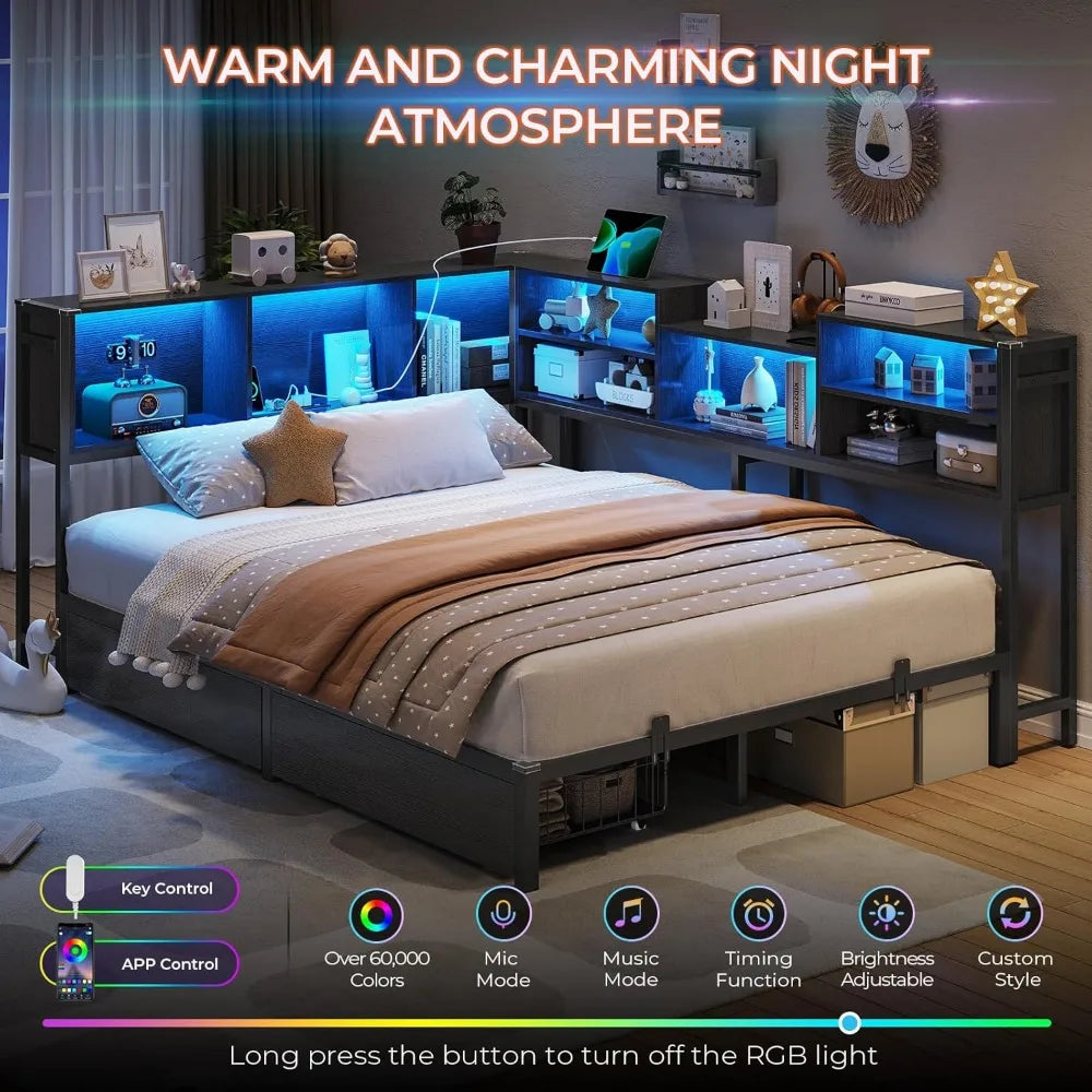 Full Corner Bed Frame with Bookcase Storage and Led Lights Metal Platform Bed Frame with 2 Drawers and Charging Station