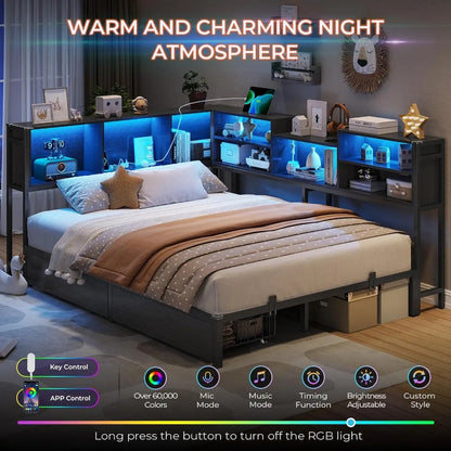 Full Corner Bed Frame with Bookcase Storage and Led Lights Metal Platform Bed Frame with 2 Drawers and Charging Station