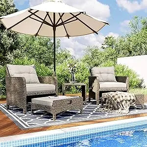 5 Pieces , Rattan Balcony Furniture with Ottomans, PE Wicker Outdoor Patio Chairs Set with Coffee Table