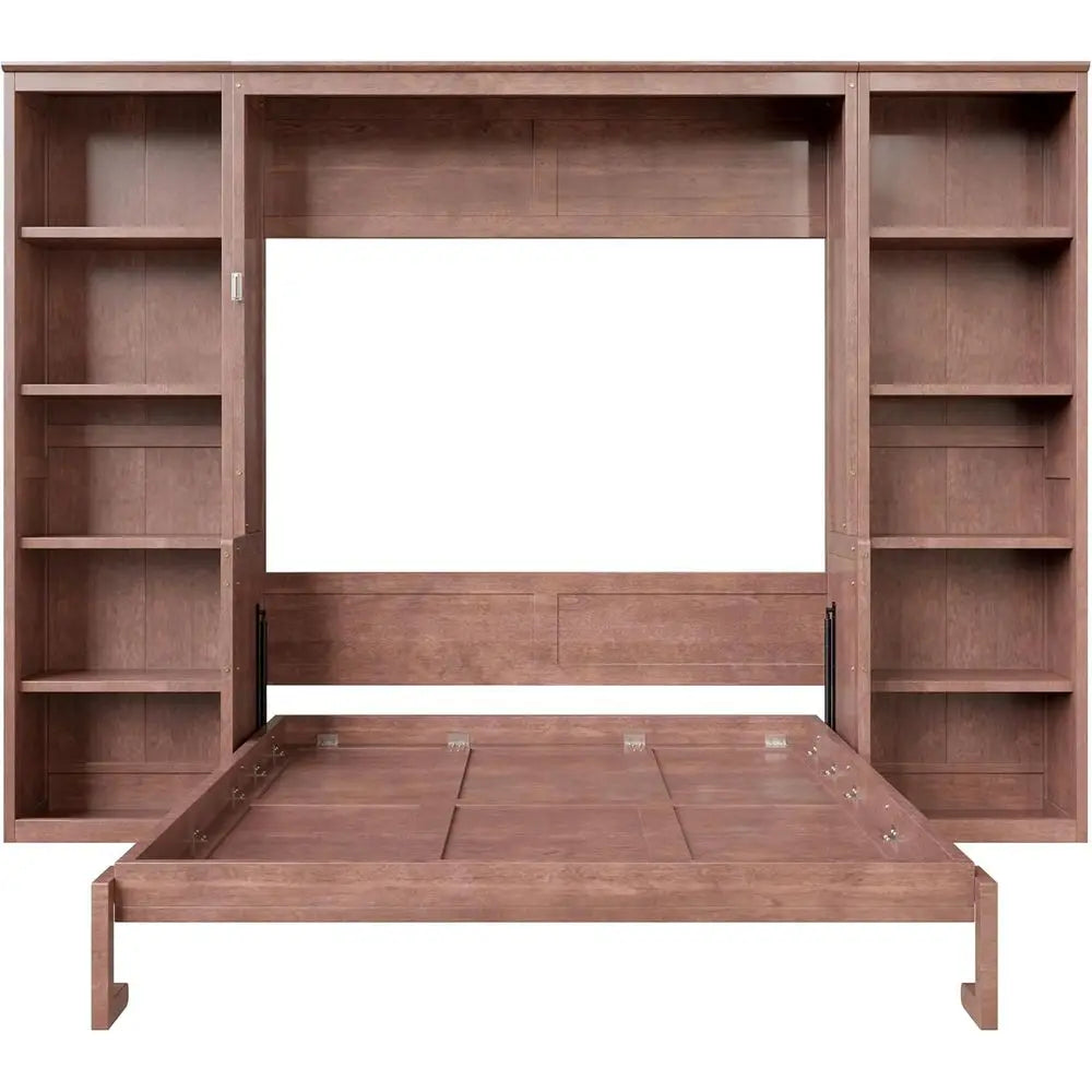 Space-Efficient Queen Murphy Bed with Desk, Bookshelves, and Storage in Dark Brown Wood