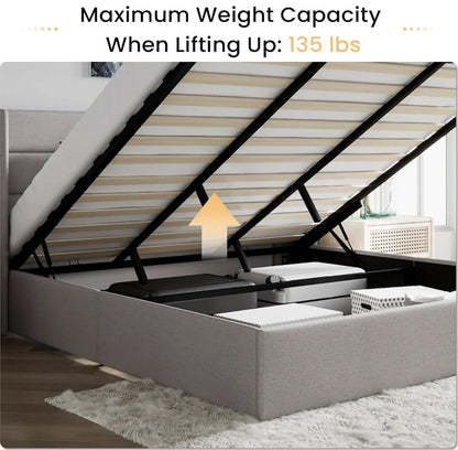 King Size Lift Up Storage Bed, Wingback Headboard/Upholstered Platform Bed Frame/Hydraulic Storage/No Box Spring Needed