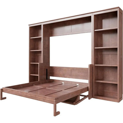 Space-Efficient Queen Murphy Bed with Desk, Bookshelves, and Storage in Dark Brown Wood