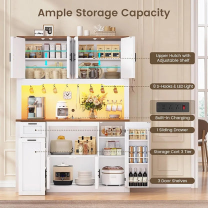 71" Pantry Cabinet with Charging Station and LED Light, Kitchen Pantry Cabinet with Microwave Stand, 47.2" Wide,