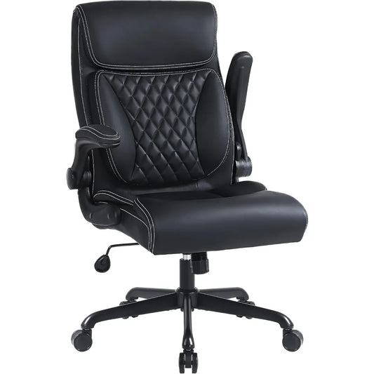 , Ergonomic PU Leather Computer Desk Chair with Lumbar Support, Flip-up Armrests and Adjustable Height
