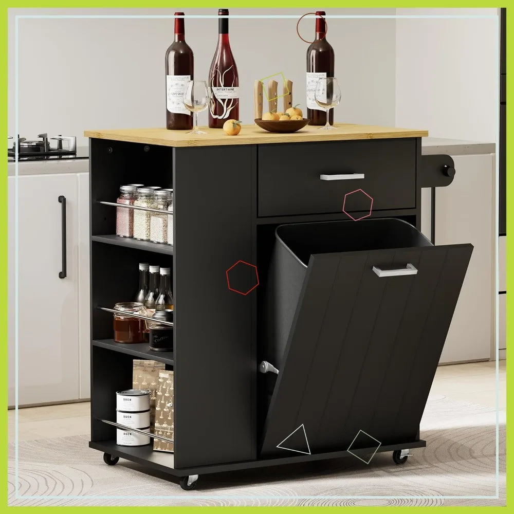 Rolling Kitchen Island with Trash Can Storage, Portable Cart on Wheels, Towel & Spice Rack, Black